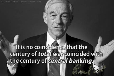 A black-and-white image shows Ron Paul and his quote linking central banking to total war. Buy Bitcoin on Coinmama today.