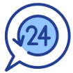 A blue speech bubble with a clock showing 24/7 service to buy Bitcoin on Coinmama.