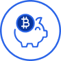 A blue-outlined piggy bank with Bitcoin symbol coin, illustrating the smart way to buy Bitcoin on Coinmama.
