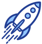 Illustration of a blue rocket ship angled upward, symbolizing Coinmama's ease to buy Bitcoin or crypto.