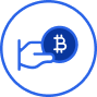 A blue hand holding a Bitcoin icon signifies easy crypto transactions, buy Bitcoin on Coinmama.