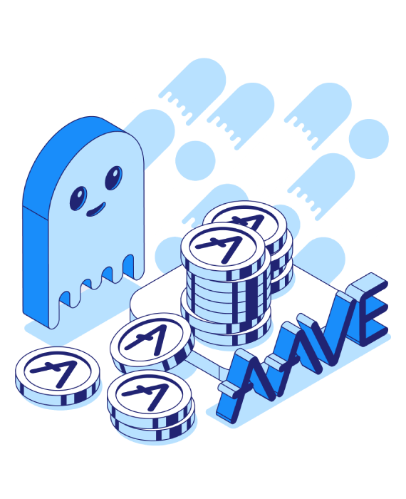 Illustration of Aave mascot beside coin stacks; "AAVE" logo hints at easily buying crypto.