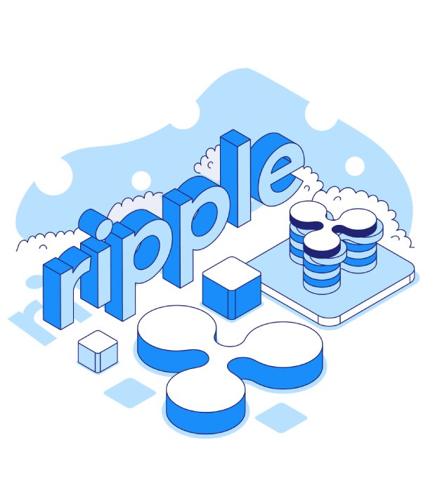 Illustration with "ripple" in blue 3D letters, logos, and hints to buy bitcoin on Coinmama.