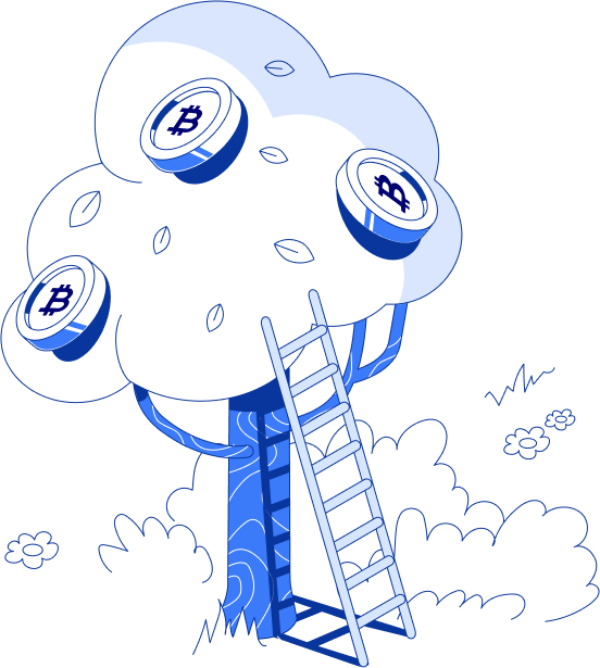 Illustration: Tree with Bitcoin symbols. Ladder leans for reaching BTC. Outdoor scene in blue and white. Buy crypto on Coinmama.
