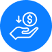 Blue circle icon shows a hand with a dollar coin, symbolizing cost savings on Coinmama.