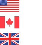 Flags of the US, Canada, UK, and currency symbols for buying crypto like Bitcoin on Coinmama.