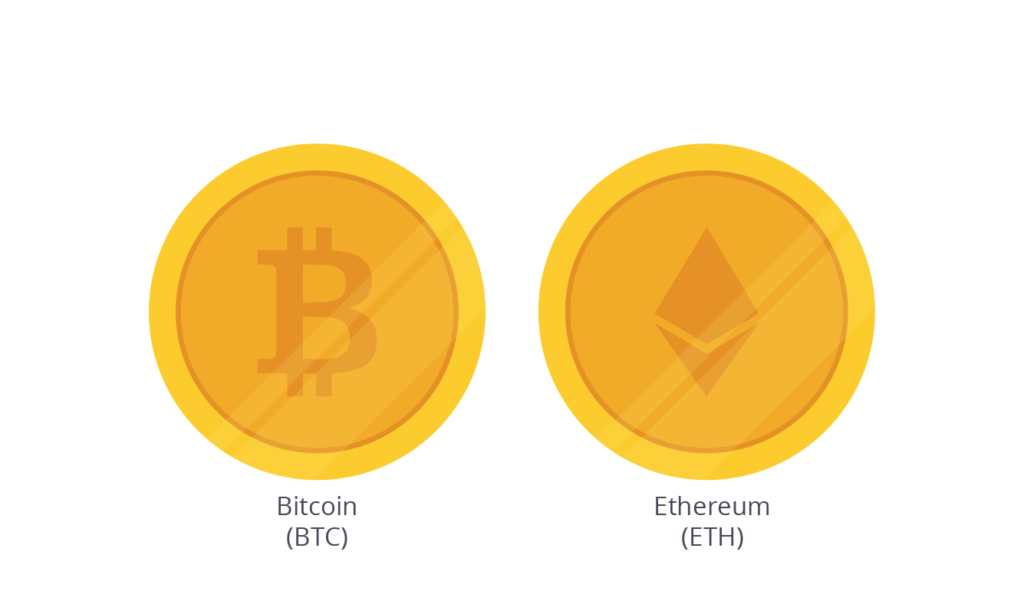 An illustration with Bitcoin and Ethereum coins, ideal for those looking to buy crypto on Coinmama.