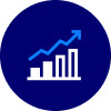 A blue circular icon with a white bar graph and upward trend line, symbolizing buy bitcoin growth.