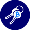 A blue circle featuring two overlapping keys and a Bitcoin symbol emphasizes informed decisions when buying crypto on Coinmama.