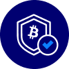 A blue icon with a white Bitcoin shield and checkmark symbolizes secure buying on Coinmama.