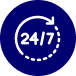 A blue icon with a white arrow and "24/7" signifies always available to buy bitcoin on Coinmama.