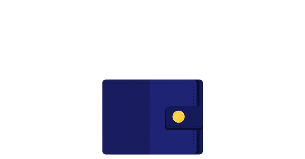 A dark blue wallet graphic symbolizes an easy and sleek way to buy bitcoin on Coinmama.