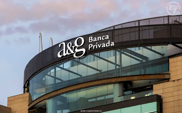 Modern office with "a&g Banca Privada" sign, large glass windows. Visit to buy Bitcoin on Coinmama.
