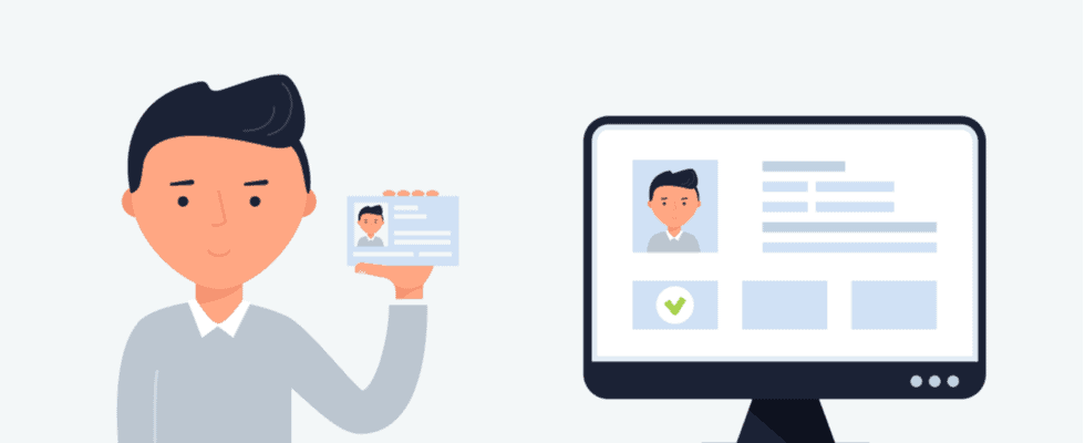 Illustration: Person with ID card near a computer, ready to buy Bitcoin on Coinmama.