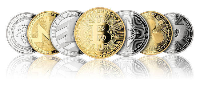 A row of cryptocurrencies including Bitcoin, Litecoin, and Ethereum. Ideal for buying crypto on Coinmama.