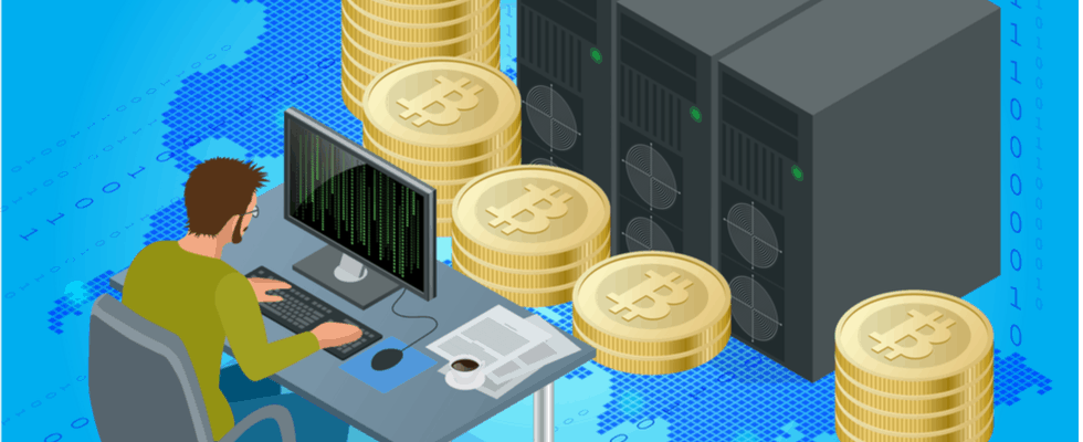Illustration: Person coding at desk, stacks of BTC coins, servers behind. Buy crypto on Coinmama.