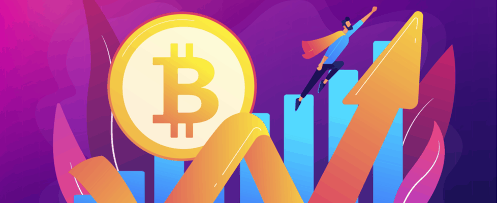 Illustration shows a superhero with Bitcoin, flying upward amid rising charts. Excitement of buying crypto on Coinmama.