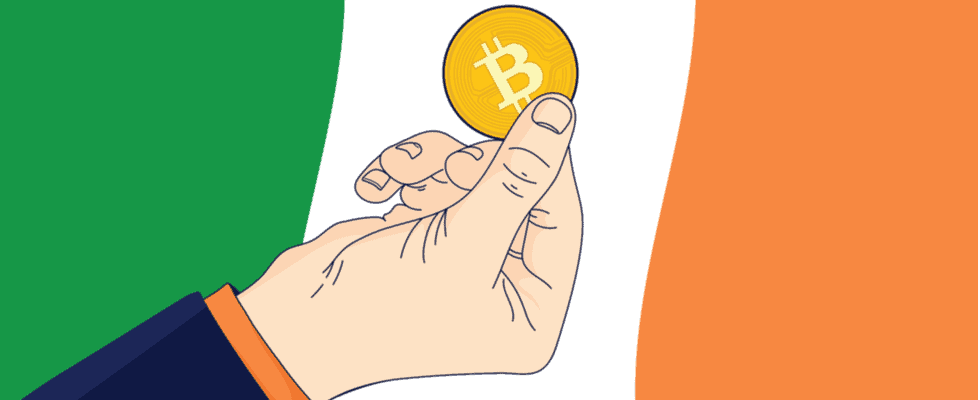 A hand holds Bitcoin against the Irish flag, symbolizing Ireland's embrace of BTC. Buy crypto on Coinmama.
