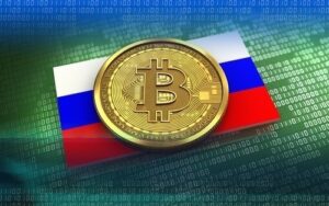 A gold Bitcoin coin on a Russian flag against binary code, symbolizing BTC in Russian technology.