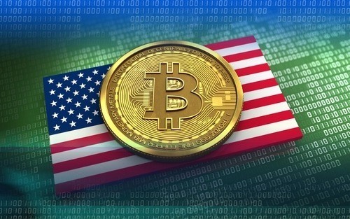 A BTC on a U.S. flag with binary digits, symbolizing Coinmama to buy crypto technology and regulation.