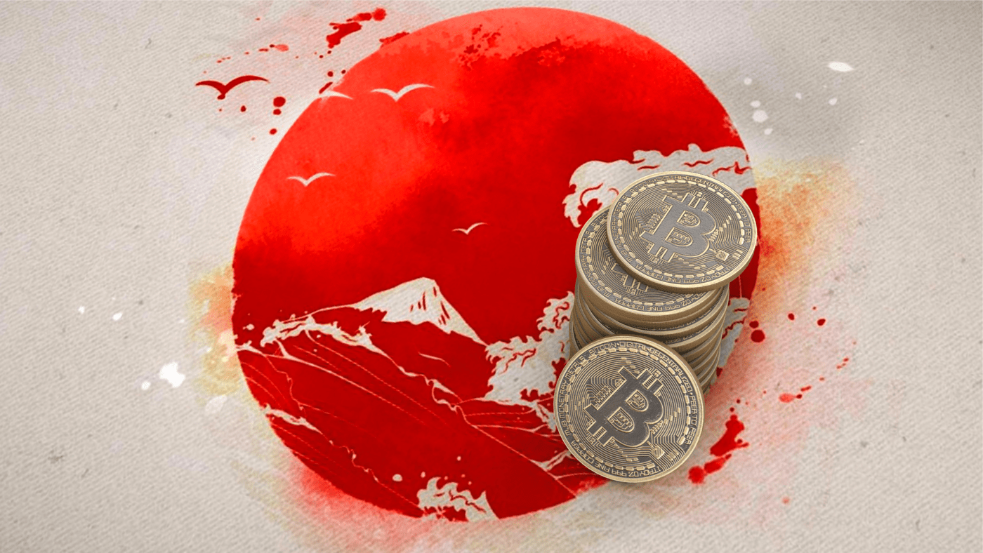 A stack of Bitcoin coins on an abstract red and white background highlights Coinmama to buy crypto.