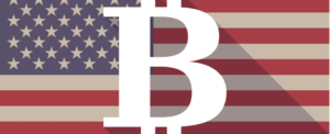Image of a white BTC symbol on a U.S. flag background, suggesting "buy bitcoin" with Coinmama.