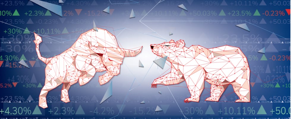 A digital illustration with a polygonal bull and bear, stock background, and "buy bitcoin" indicators.