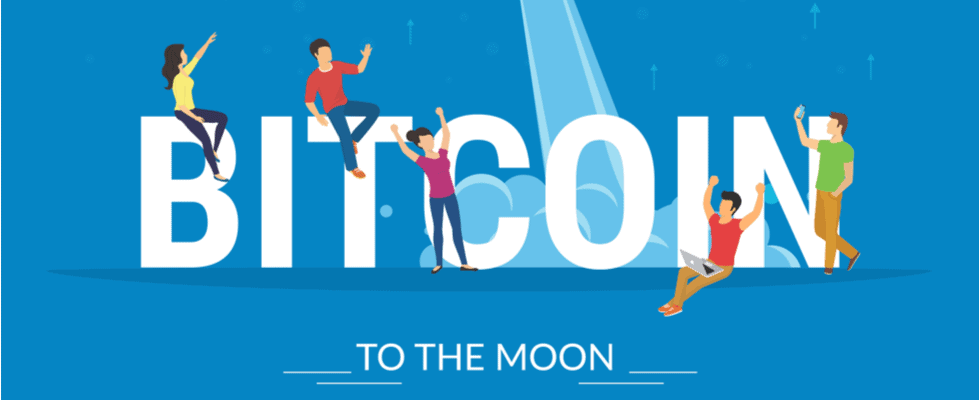 Cartoon of people celebrating "BITCOIN" with rocket and "TO THE MOON," urging to buy bitcoin.