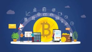 Illustration showcasing cryptocurrency with a central Bitcoin. Icons represent buying crypto and financial activity on Coinmama.