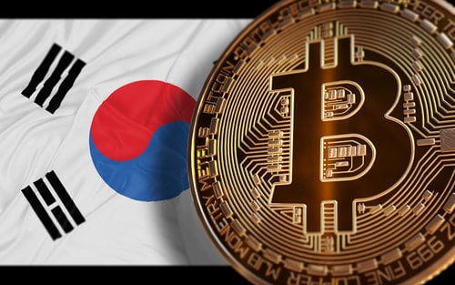 Image of the South Korean flag with a gold Bitcoin, highlighting the trend to buy crypto via Coinmama.