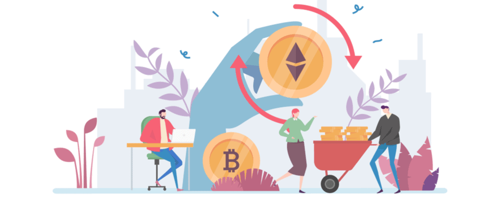 Illustration of a large hand holding Ethereum, with people using Coinmama to buy Bitcoin and load crypto coins.