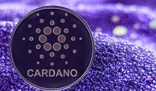 A Cardano coin with white dots on purple. Buy crypto like this on Coinmama.