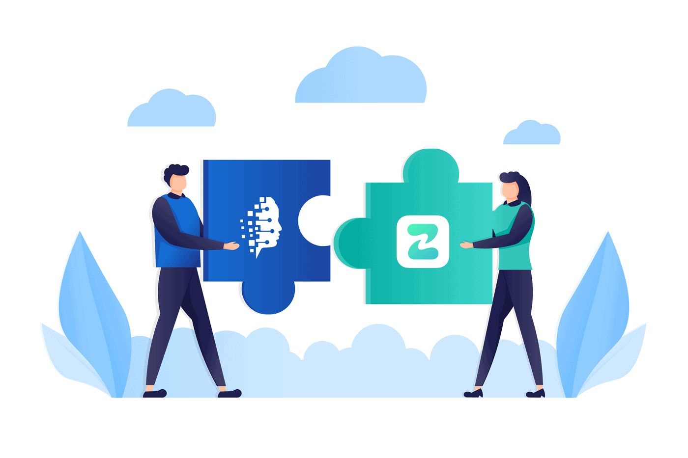 Two cartoon figures hold interlocking puzzle pieces, symbolizing Coinmama's platform to buy Bitcoin and crypto.