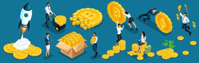Illustration of business people interacting with BTC symbols and gold stacks, perfect for those looking to buy Bitcoin on Coinmama.