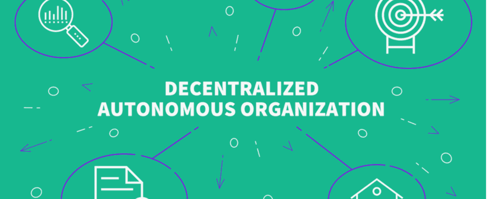 A green background with "Decentralized Autonomous Organization" in white text, surrounded by icons showing steps to buy Bitcoin on Coinmama.