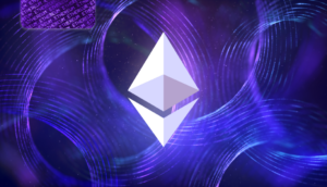 A stylized Ethereum logo on a purple-blue background subtly encourages viewers to buy crypto.
