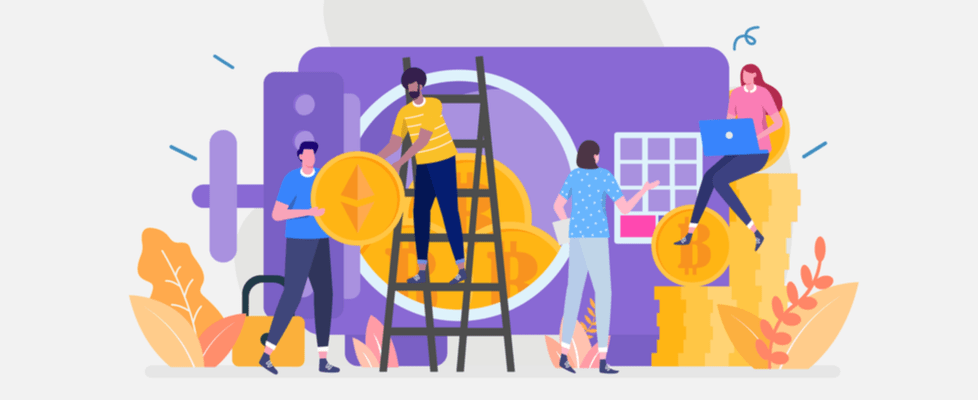 Illustration: Four people near a giant safe, one using Coinmama to buy crypto.