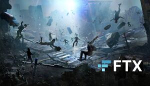 A chaotic scene of destruction, with "buy crypto on Coinmama" and the FTX logo prominently displayed.