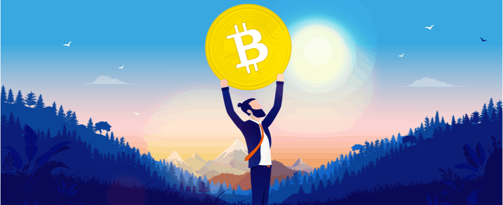 A person in a suit holds up a large Bitcoin coin at sunrise, symbolizing the triumph of buying crypto on Coinmama.