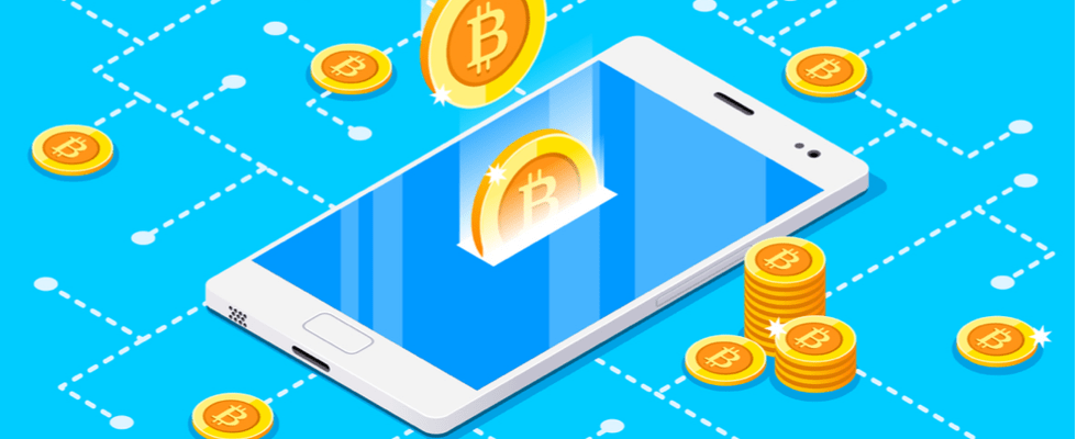 Illustration: Smartphone displaying holographic Bitcoin symbol, golden BTC coins around, representing ease to buy crypto on Coinmama.