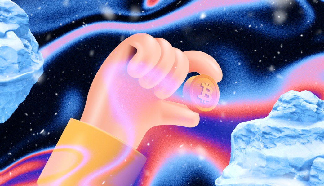 An illustrated hand holds a glowing Bitcoin, symbolizing the futuristic nature of buying crypto on Coinmama.