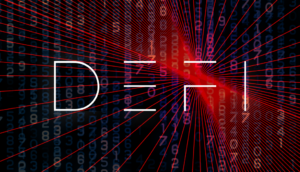 Abstract digital art with "DEFI" in bold white letters, featuring dynamic numbers and lines—reflects the buy crypto culture.