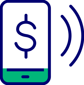 Smartphone icon with dollar sign and wireless signals, symbolizing seamless way to buy Bitcoin on Coinmama.