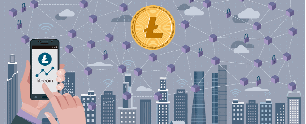 Illustration of a hand holding a smartphone with Litecoin app amidst a cityscape, symbolizing blockchain—similar to buying Bitcoin on Coinmama.
