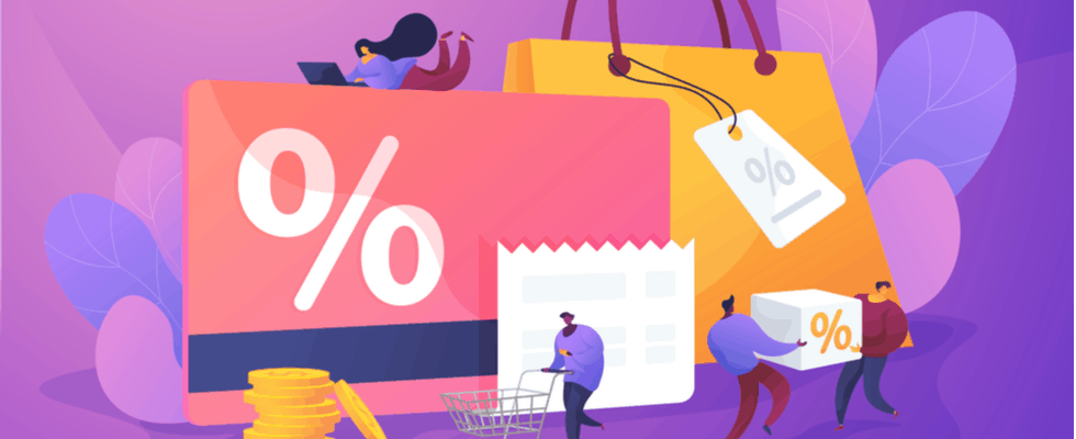 A vivid illustration shows people shopping with Coinmama, highlighting a sale on buying Bitcoin.