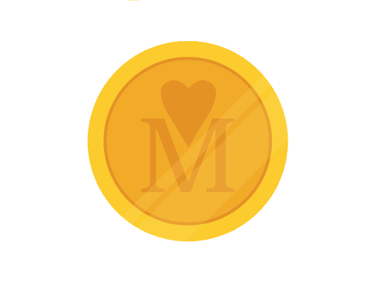 A golden coin with a heart symbol and 'M,' reflecting the allure of buying Bitcoin on Coinmama.