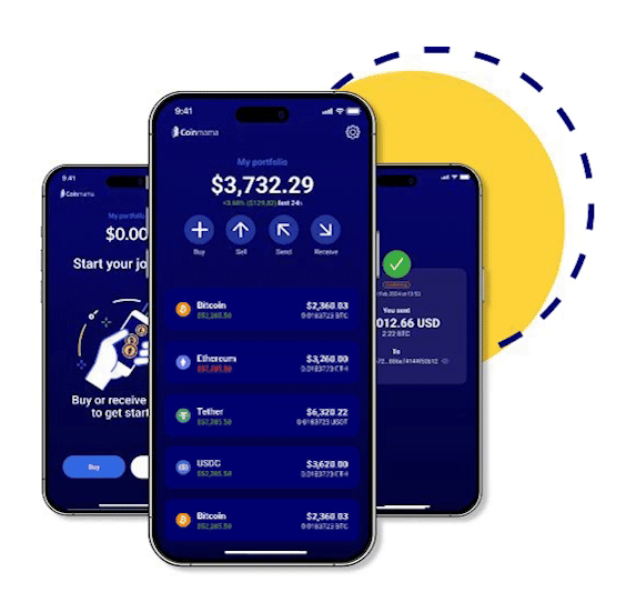 Three smartphones show a cryptocurrency wallet with a $3,732.29 balance. Users can buy Bitcoin on Coinmama and confirm transactions effortlessly.