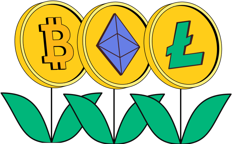 Three gold coin flowers feature Bitcoin, Ethereum, and Litecoin symbols. Visit Coinmama to buy crypto.