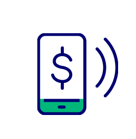 Mobile phone icon with dollar sign and wireless signals, indicating buying Bitcoin or crypto on Coinmama.