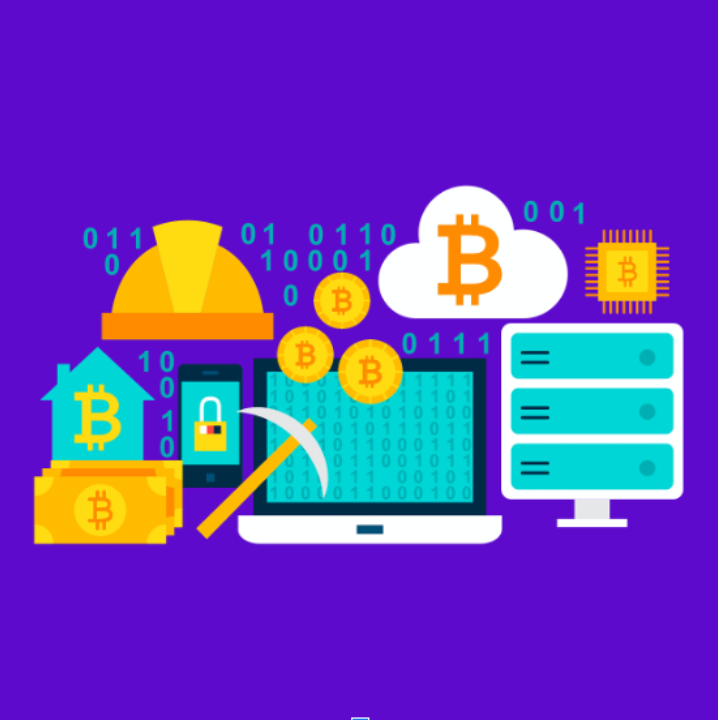 Illustration of cryptocurrency mining: computer with binary code, Bitcoin symbol, coins, tools against purple background. Buy Bitcoin on Coinmama.